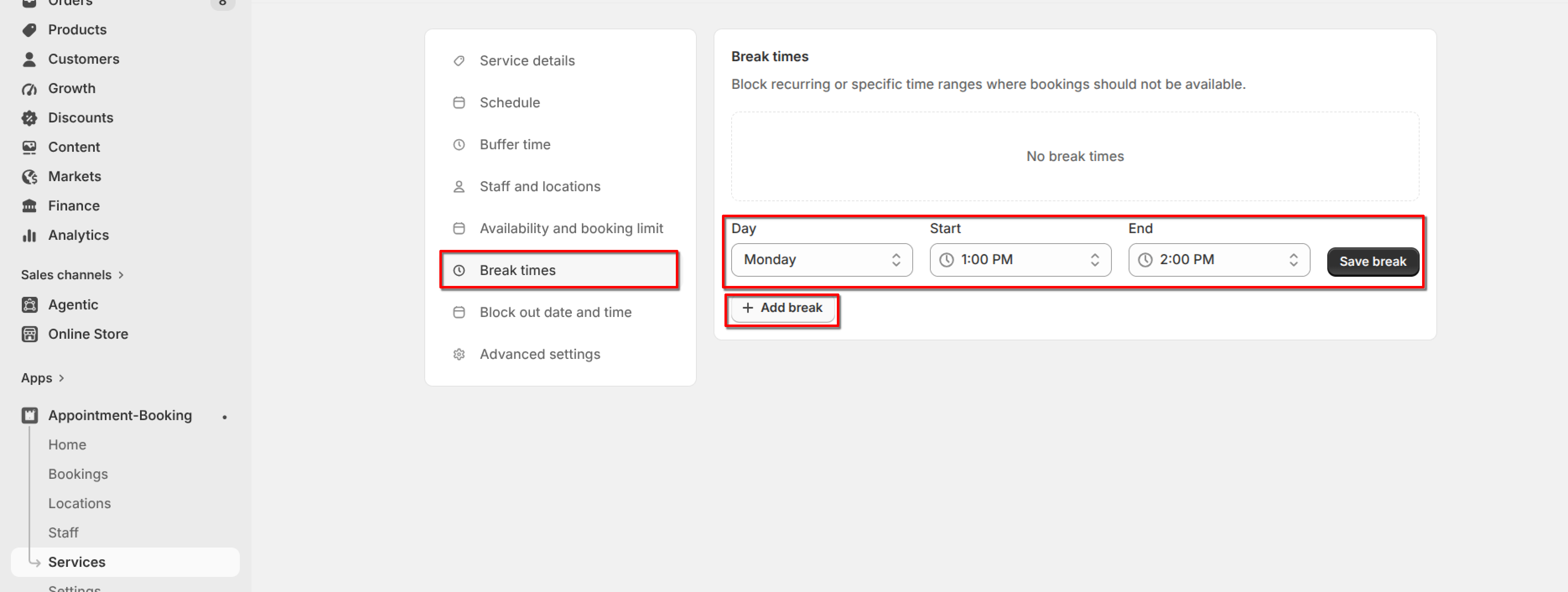 Break times tab with Day set to Monday, Start set to 1:00 PM, End set to 2:00 PM, and the "Save break" button highlighted